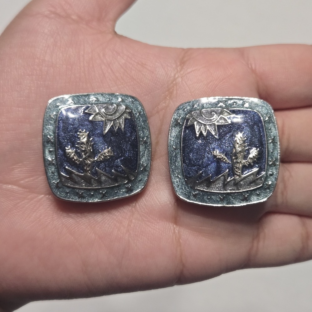 Vintage Signed Edgar Berebi Blue Enamel Cactus Sun Square Clip Earrings
